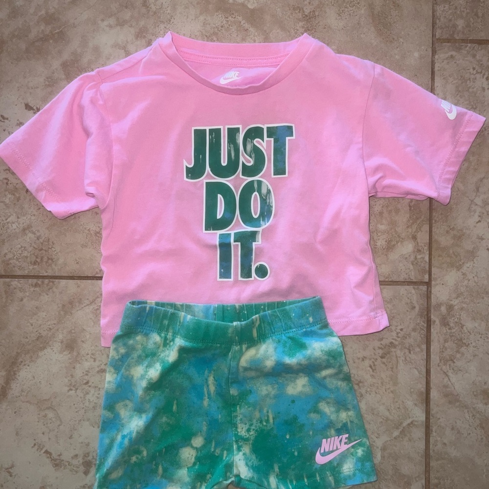 Nike Pink Tee and Green Tie-Dye Shorts